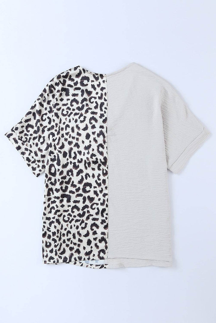 Khaki Contrast Leopard Color Block Blouse - Fashion Queen -  13