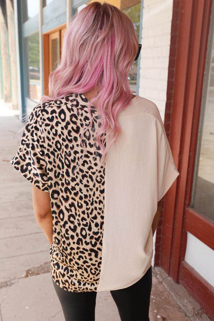 Khaki Contrast Leopard Color Block Blouse - Fashion Queen -  2