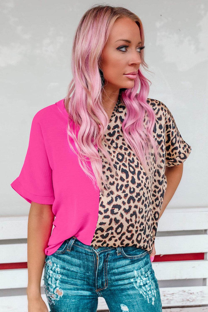 Khaki Contrast Leopard Color Block Blouse - Fashion Queen -  23