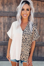 Load image into Gallery viewer, Khaki Contrast Leopard Color Block Blouse - Fashion Queen -  3

