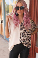 Load image into Gallery viewer, Khaki Contrast Leopard Color Block Blouse - Fashion Queen -  7
