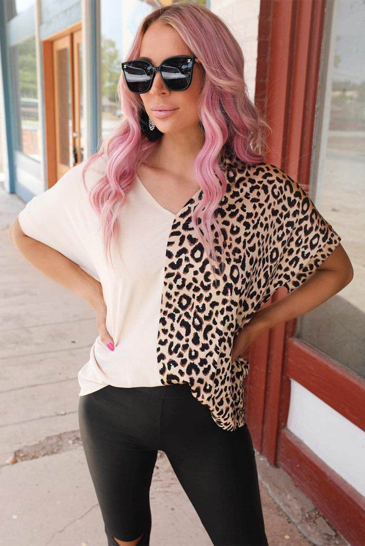 Khaki Contrast Leopard Color Block Blouse - Fashion Queen -  8