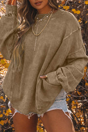 Khaki Exposed Seam Twist Open Back Oversized Sweatshirt - Fashion Queen -  1