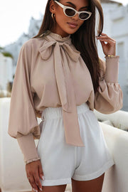 Khaki Frilled Knotted Mock Neck Bishop Sleeve Blouse - Fashion Queen -  1