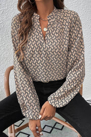 Khaki Geometric Print Notched Neck Puff Sleeve Blouse - Fashion Queen -  1