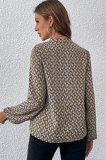 Load image into Gallery viewer, Khaki Geometric Print Notched Neck Puff Sleeve Blouse - Fashion Queen -  2

