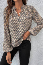 Load image into Gallery viewer, Khaki Geometric Print Notched Neck Puff Sleeve Blouse - Fashion Queen -  3
