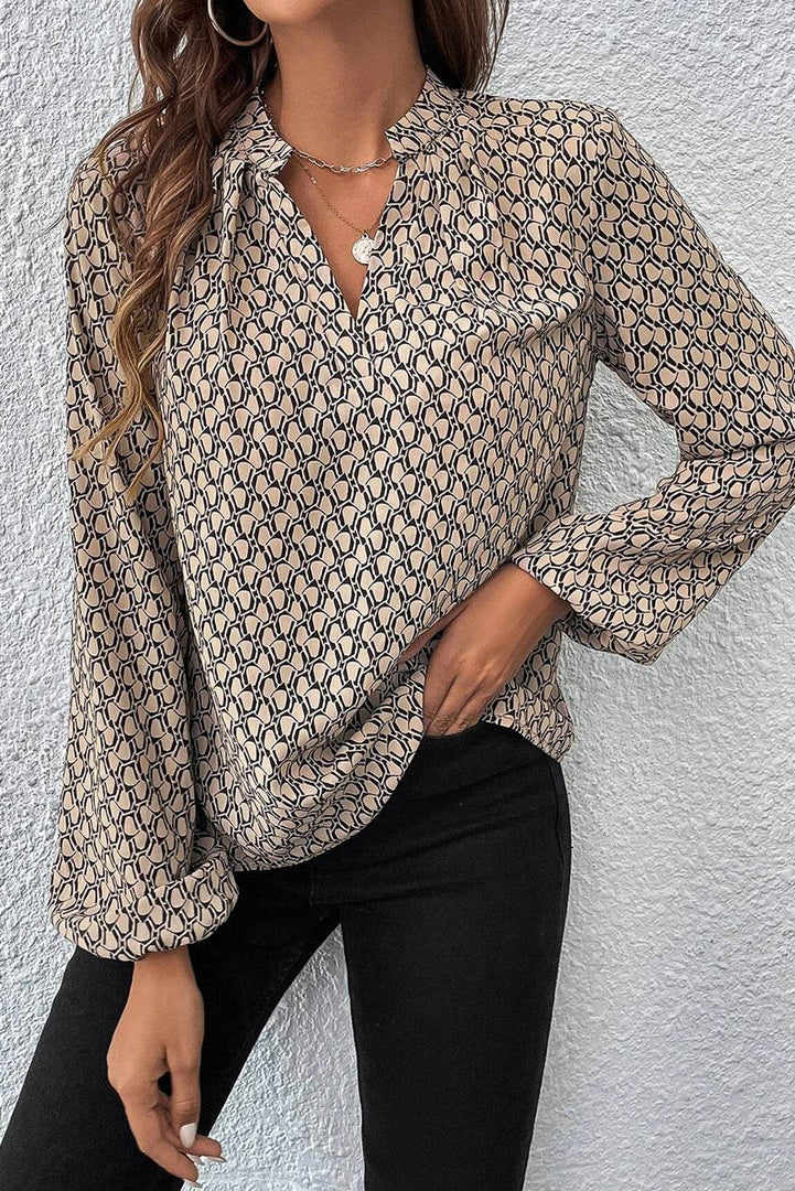 Khaki Geometric Print Notched Neck Puff Sleeve Blouse - Fashion Queen -  3