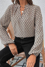 Load image into Gallery viewer, Khaki Geometric Print Notched Neck Puff Sleeve Blouse - Fashion Queen -  5
