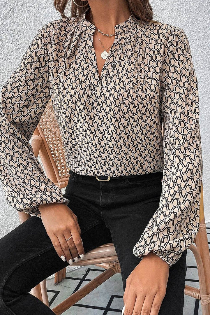 Khaki Geometric Print Notched Neck Puff Sleeve Blouse - Fashion Queen -  5