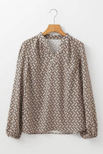 Load image into Gallery viewer, Khaki Geometric Print Notched Neck Puff Sleeve Blouse - Fashion Queen -  6
