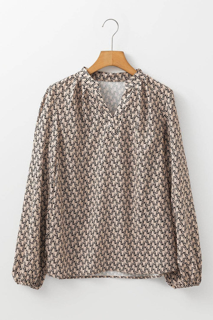 Khaki Geometric Print Notched Neck Puff Sleeve Blouse - Fashion Queen -  6