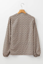 Load image into Gallery viewer, Khaki Geometric Print Notched Neck Puff Sleeve Blouse - Fashion Queen -  7
