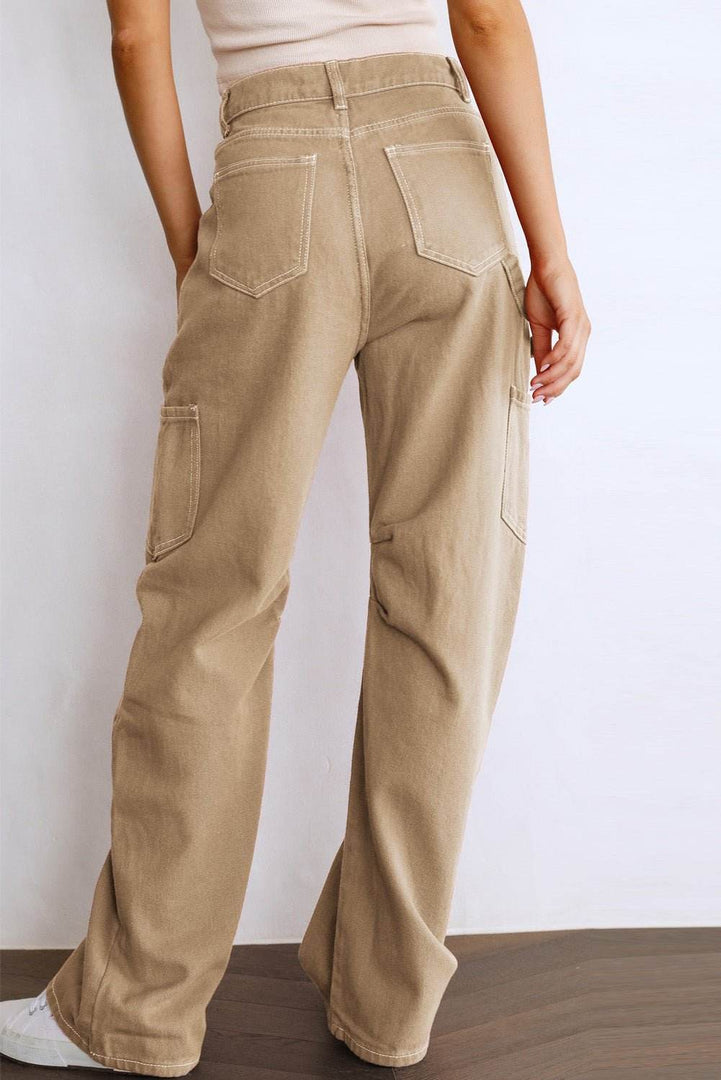 Khaki High Waist Straight Leg Cargo Pants with Pockets - Fashion Queen -  2