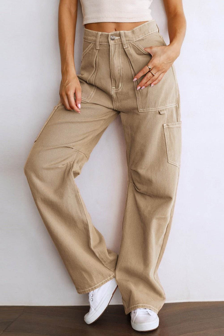 Khaki High Waist Straight Leg Cargo Pants with Pockets - Fashion Queen -  3