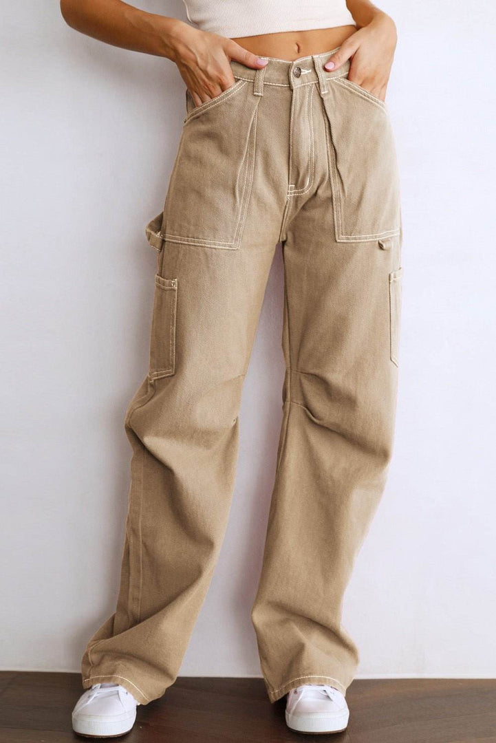 Khaki High Waist Straight Leg Cargo Pants with Pockets - Fashion Queen -  4