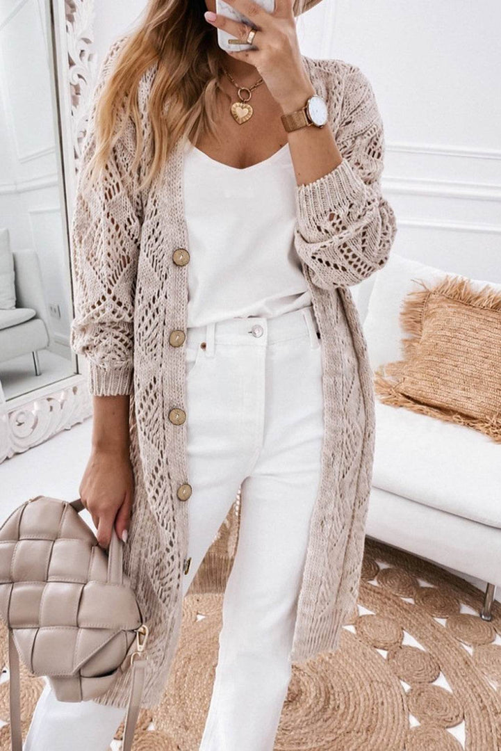 Khaki Hollow-out Openwork Knit Cardigan - Fashion Queen -  1