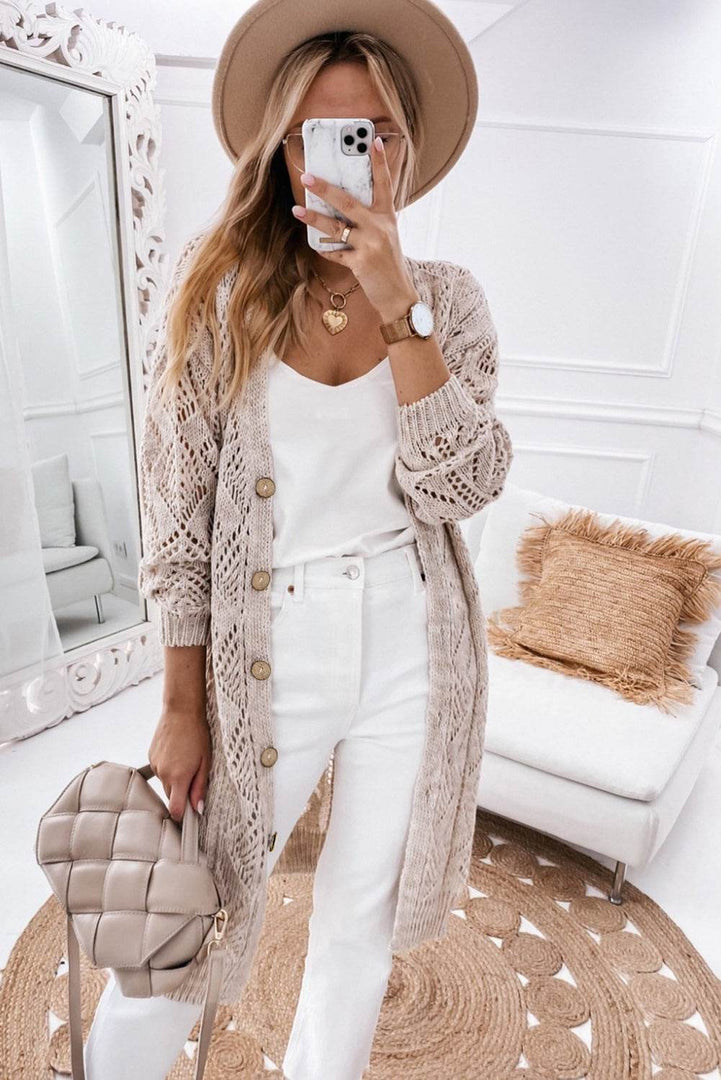 Khaki Hollow-out Openwork Knit Cardigan - Fashion Queen -  3