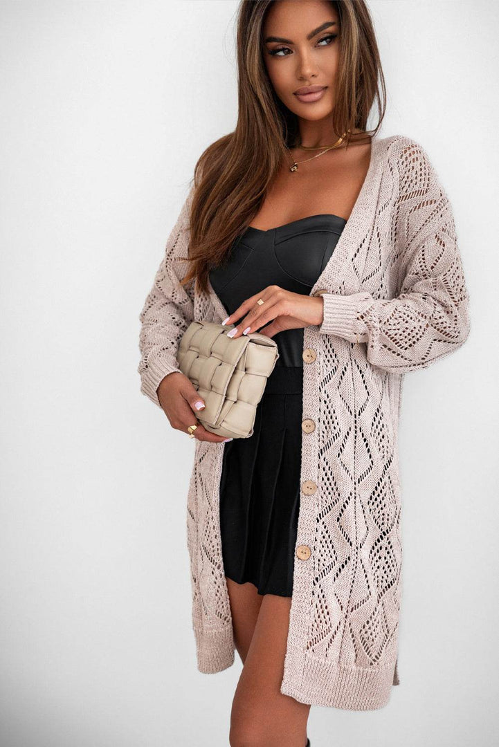 Khaki Hollow-out Openwork Knit Cardigan - Fashion Queen -  4