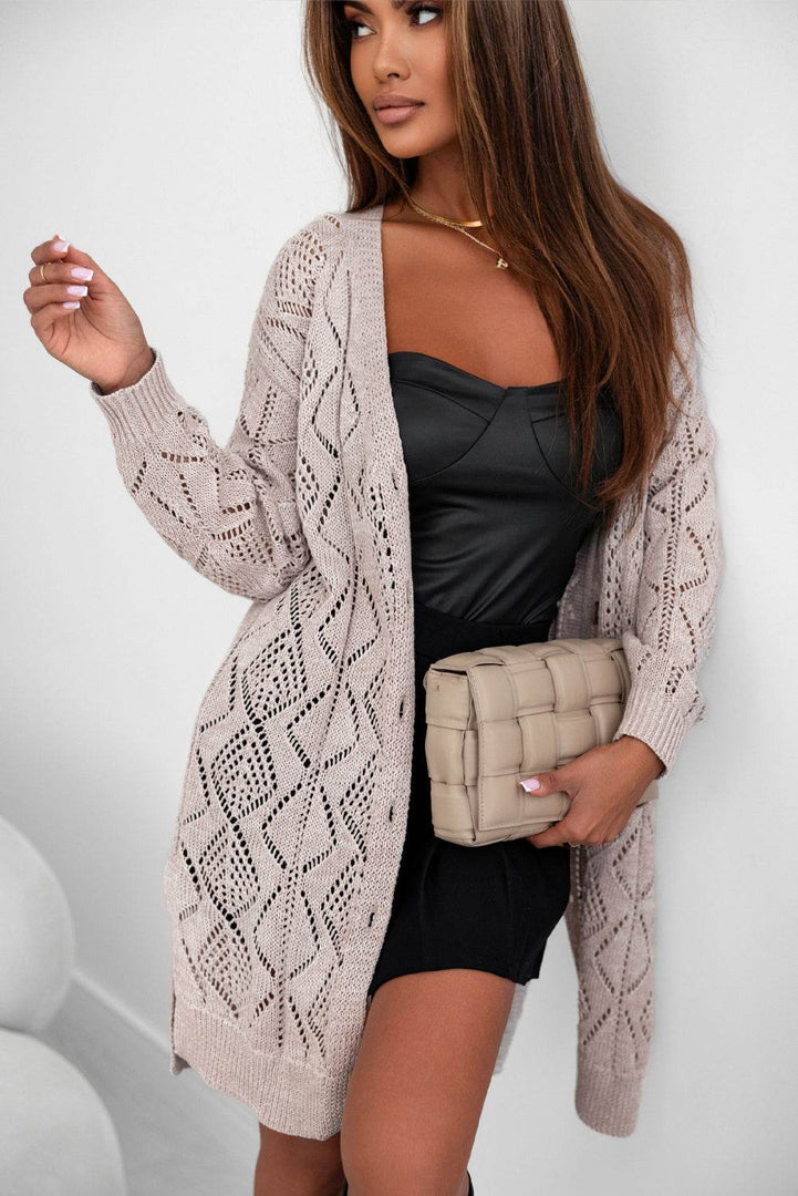 Khaki Hollow-out Openwork Knit Cardigan - Fashion Queen -  7