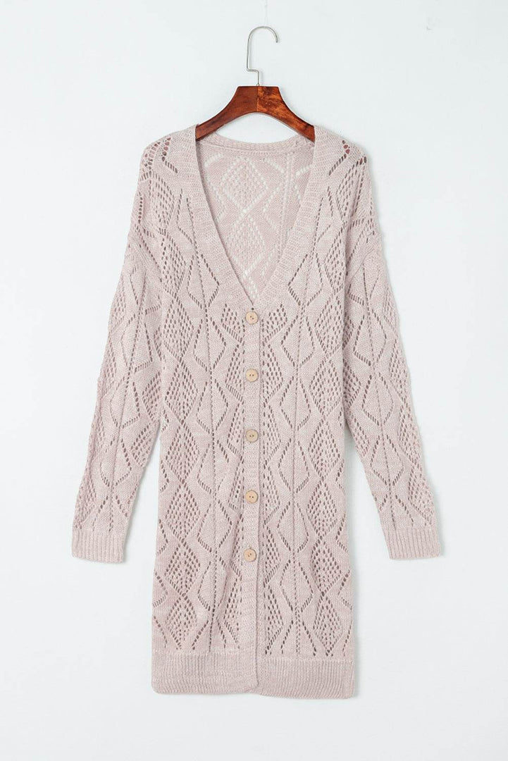 Khaki Hollow-out Openwork Knit Cardigan - Fashion Queen -  9