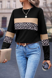 Khaki Leopard Colorblock Patchwork Crew Neck Long Sleeve Tee - Fashion Queen -  1