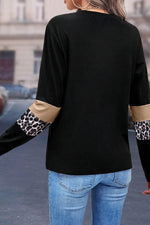 Load image into Gallery viewer, Khaki Leopard Colorblock Patchwork Crew Neck Long Sleeve Tee - Fashion Queen -  2
