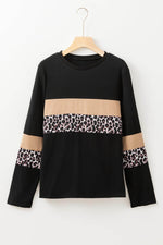 Load image into Gallery viewer, Khaki Leopard Colorblock Patchwork Crew Neck Long Sleeve Tee - Fashion Queen -  3
