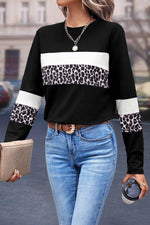 Load image into Gallery viewer, Khaki Leopard Colorblock Patchwork Crew Neck Long Sleeve Tee - Fashion Queen -  4
