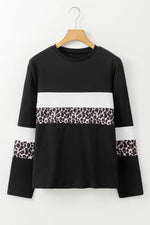 Load image into Gallery viewer, Khaki Leopard Colorblock Patchwork Crew Neck Long Sleeve Tee - Fashion Queen -  6
