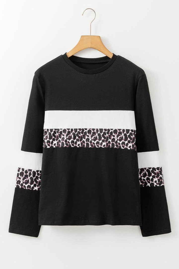 Khaki Leopard Colorblock Patchwork Crew Neck Long Sleeve Tee - Fashion Queen -  6