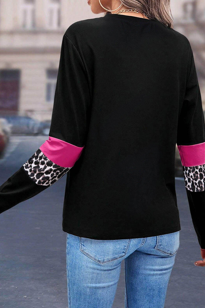Khaki Leopard Colorblock Patchwork Crew Neck Long Sleeve Tee - Fashion Queen -  8
