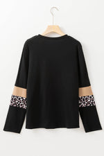 Load image into Gallery viewer, Khaki Leopard Colorblock Patchwork Crew Neck Long Sleeve Tee - Fashion Queen -  9

