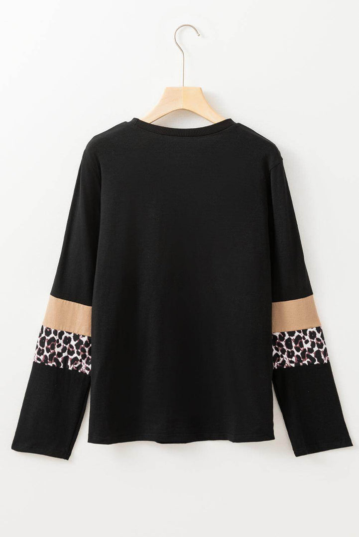 Khaki Leopard Colorblock Patchwork Crew Neck Long Sleeve Tee - Fashion Queen -  9