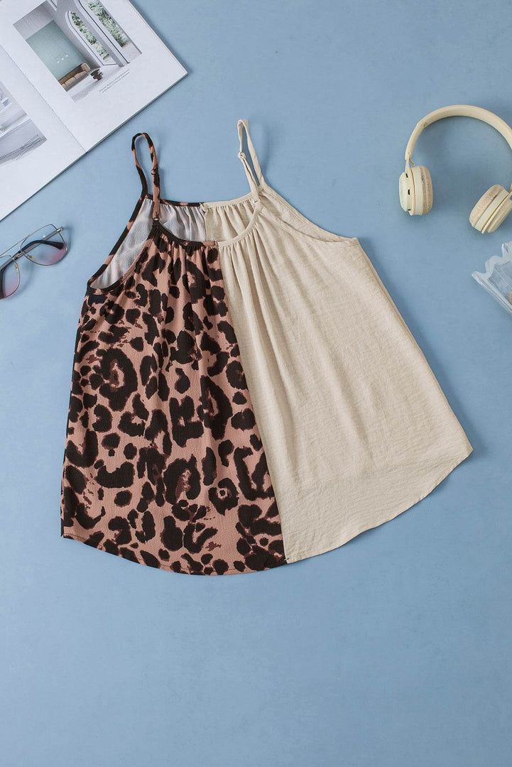 Khaki Leopard Contrast Patchwork Spaghetti Strap Tank Top - Fashion Queen -  13