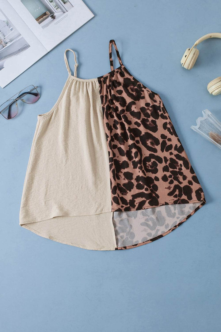 Khaki Leopard Contrast Patchwork Spaghetti Strap Tank Top - Fashion Queen -  14