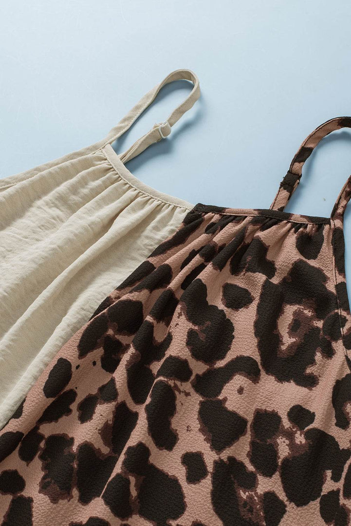 Khaki Leopard Contrast Patchwork Spaghetti Strap Tank Top - Fashion Queen -  19
