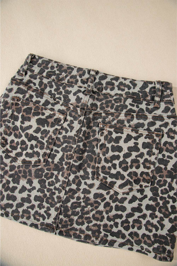 Khaki Leopard Denim Mini Skirt - Fashion Queen -  13