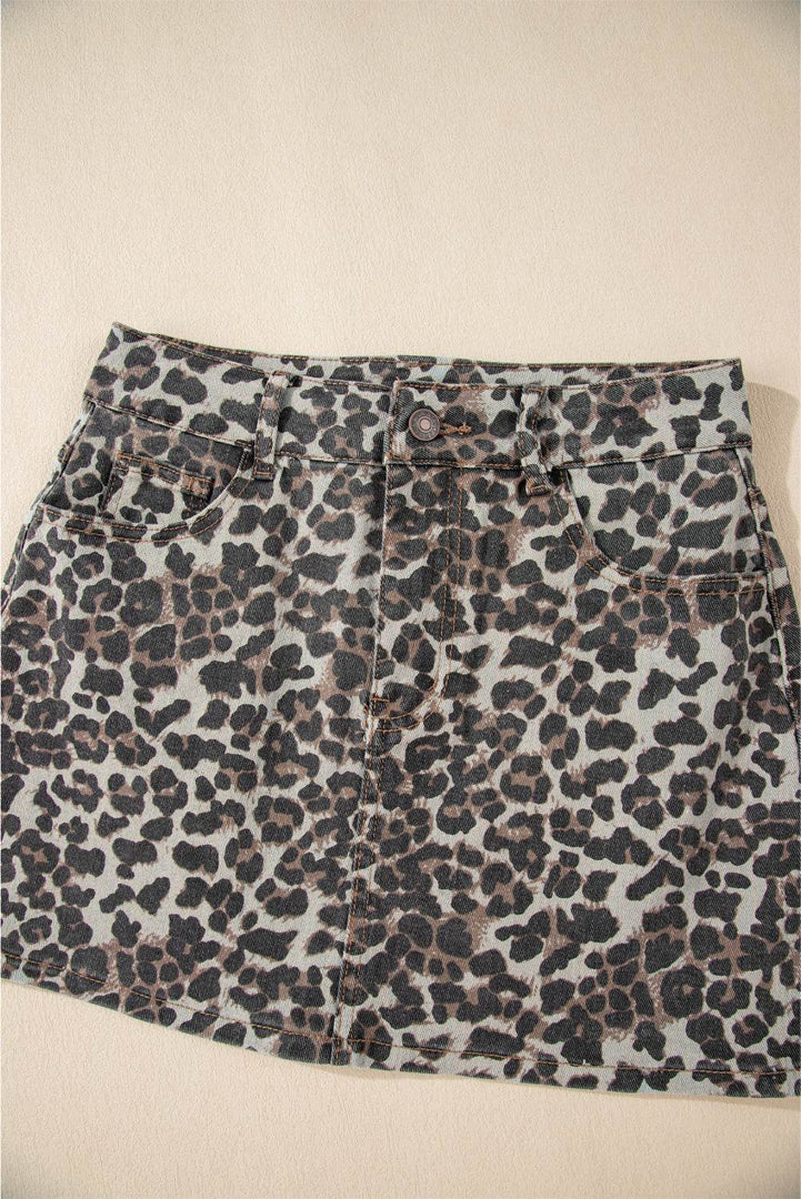 Khaki Leopard Denim Mini Skirt - Fashion Queen -  16