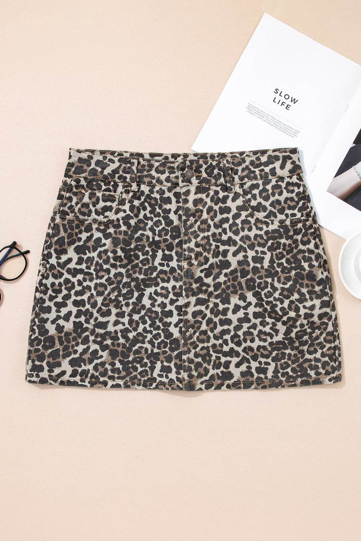 Khaki Leopard Denim Mini Skirt - Fashion Queen -  17
