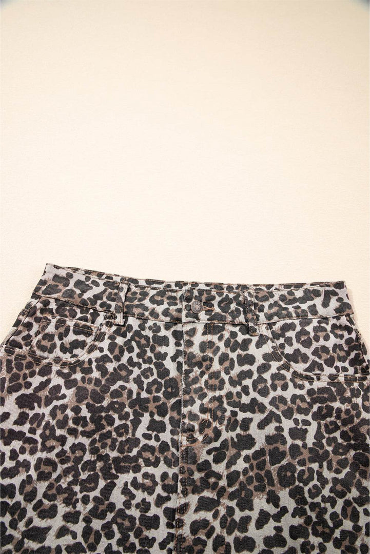 Khaki Leopard Denim Mini Skirt - Fashion Queen -  19