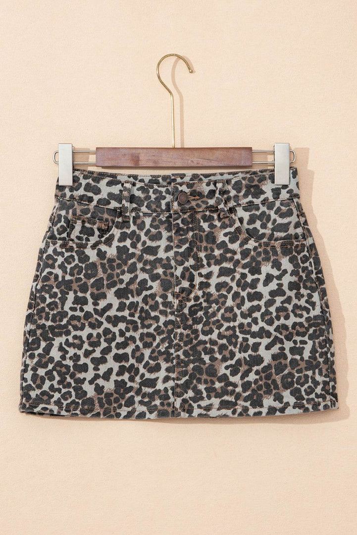 Khaki Leopard Denim Mini Skirt - Fashion Queen -  8