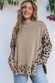 Khaki Leopard High Neck Side Slit Oversized Sweater - Fashion Queen -  1