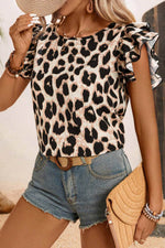 Load image into Gallery viewer, Khaki Leopard Print Layered Ruffled Short Sleeve Blouse - Fashion Queen -  4
