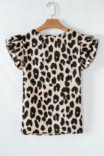 Load image into Gallery viewer, Khaki Leopard Print Layered Ruffled Short Sleeve Blouse - Fashion Queen -  7
