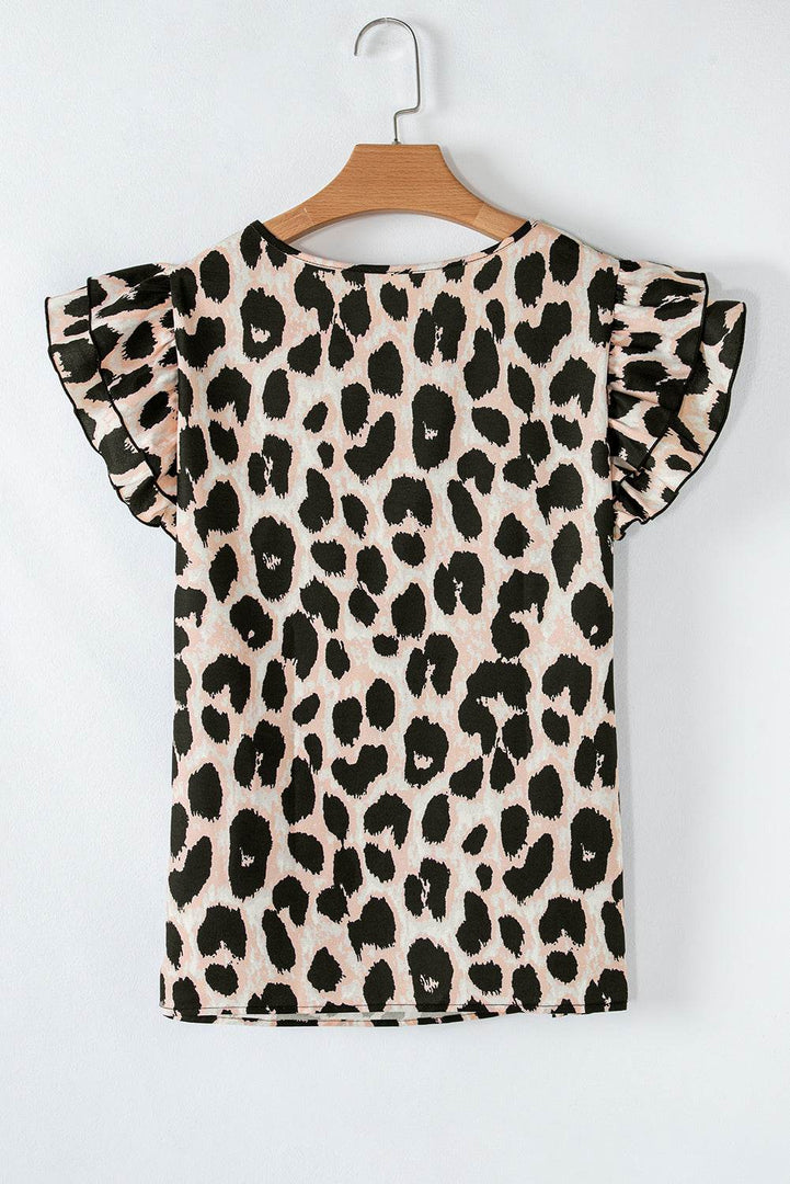 Khaki Leopard Print Layered Ruffled Short Sleeve Blouse - Fashion Queen -  7