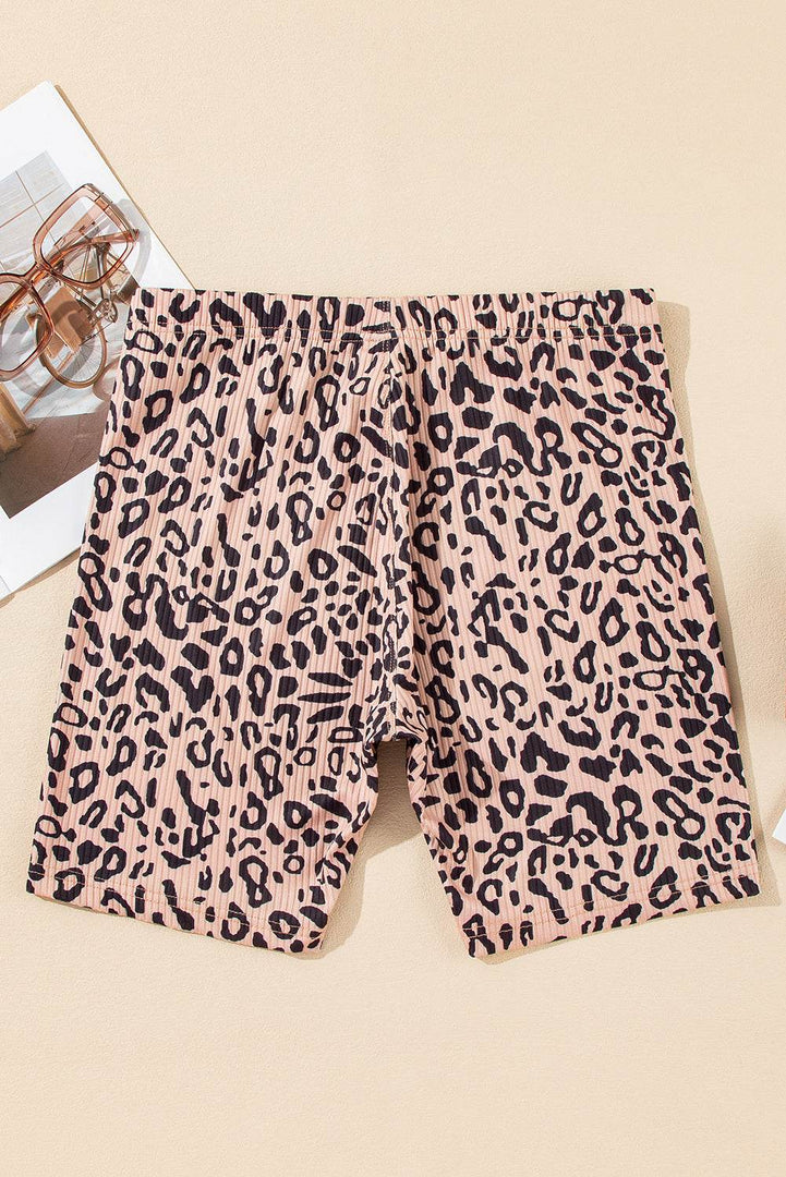 Khaki Leopard Print Ribbed Textured Knit Biker Shorts - Fashion Queen -  4