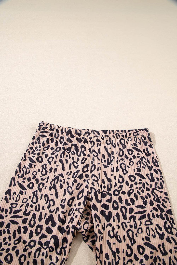 Khaki Leopard Print Ribbed Textured Knit Biker Shorts - Fashion Queen -  5