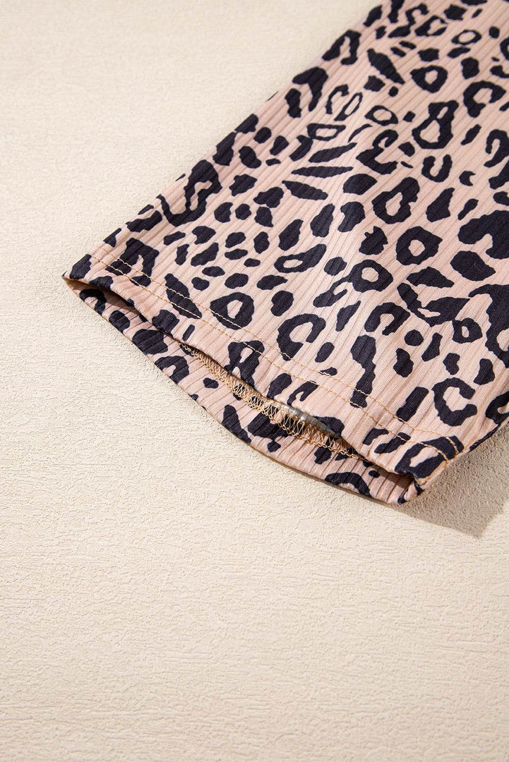 Khaki Leopard Print Ribbed Textured Knit Biker Shorts - Fashion Queen -  6