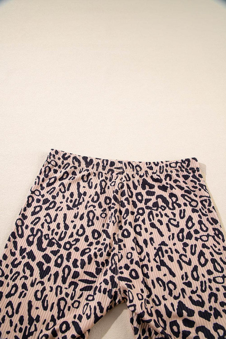 Khaki Leopard Print Ribbed Textured Knit Biker Shorts - Fashion Queen -  7